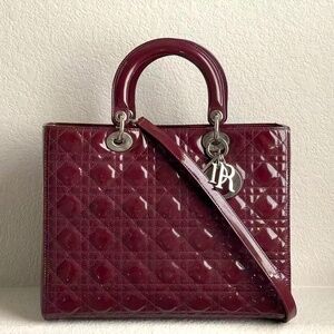 Christian Dior Cannage Lady Dior Burgundy Patent Leather Tote